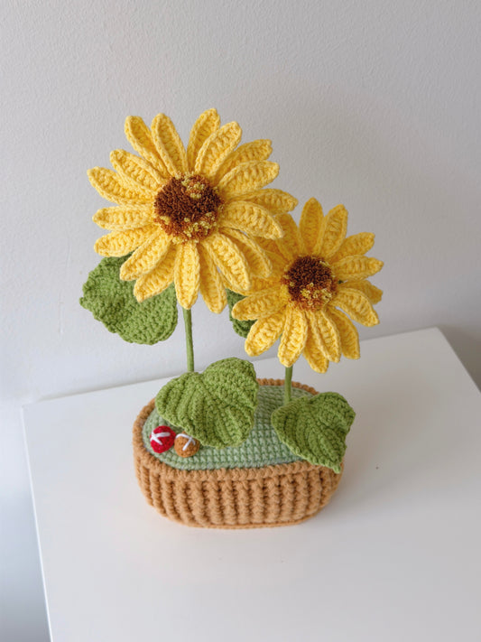Crochet Double Sunflower Potted Plant with Mushrooms