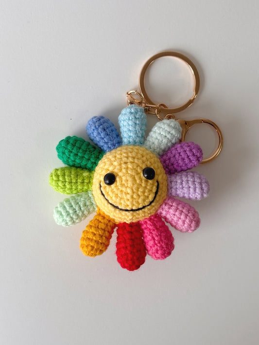 Crochet Rainbow Smiley Sunflower Keychain - Crochera