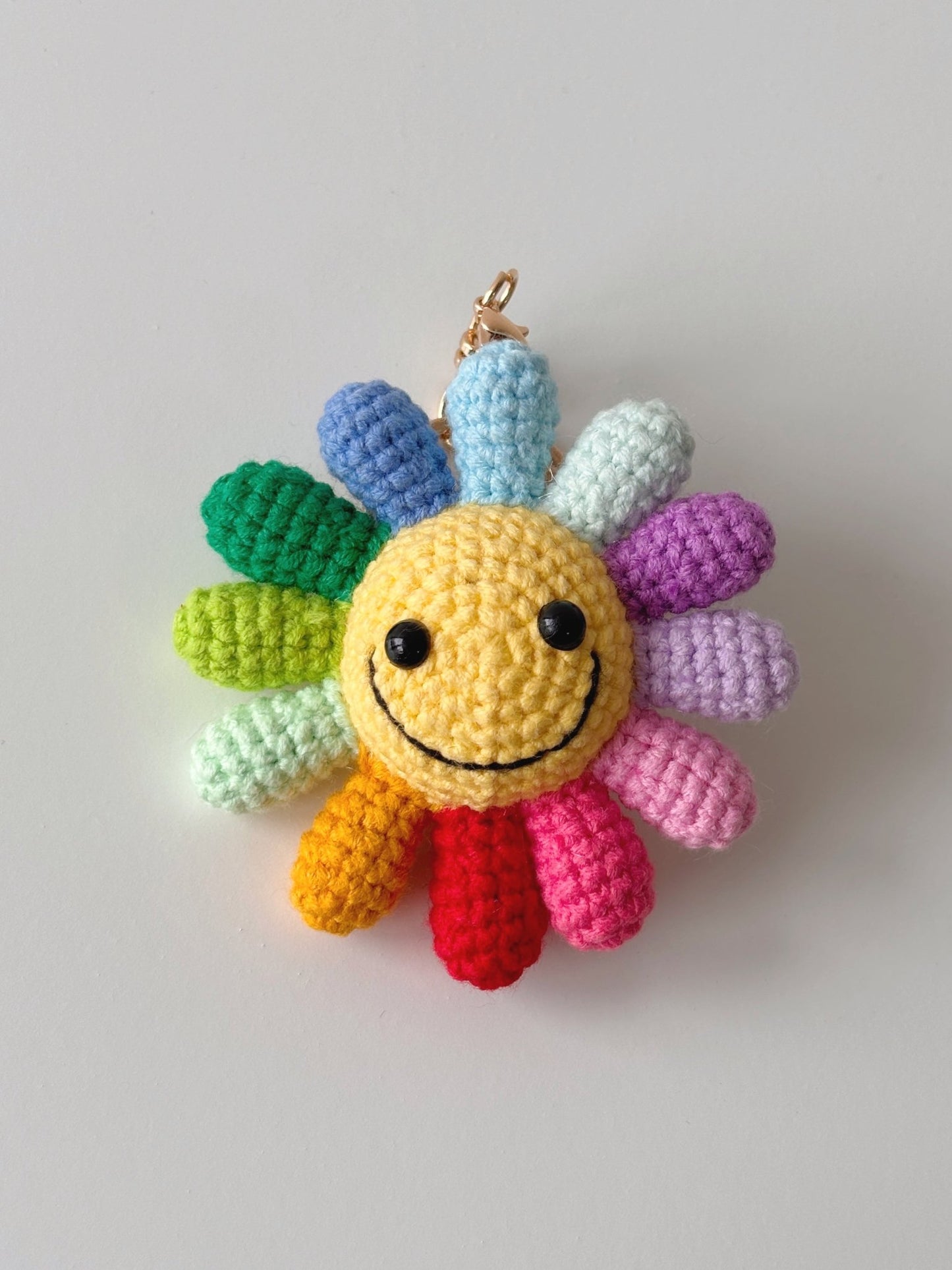 Crochet Rainbow Smiley Sunflower Keychain - Crochera