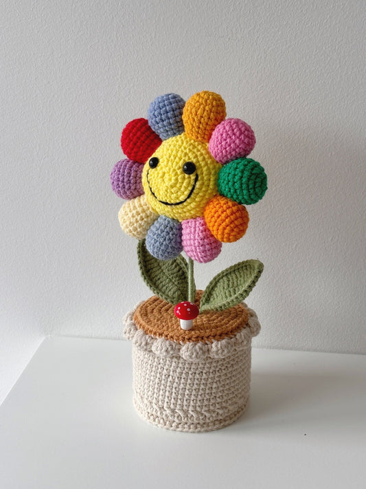 Crochet Rainbow Smiley Sunflower Pot - Crochera
