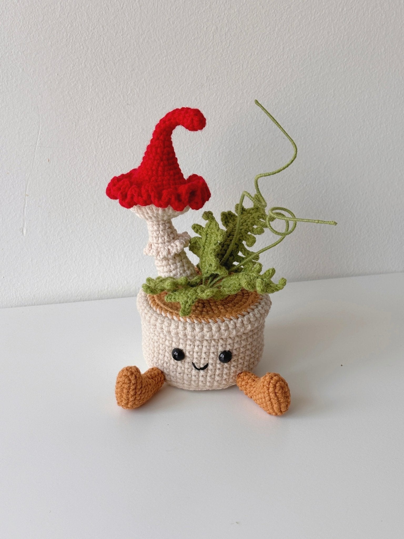 Handmade Crochet Red Mushroom Pot with Smiley Planter