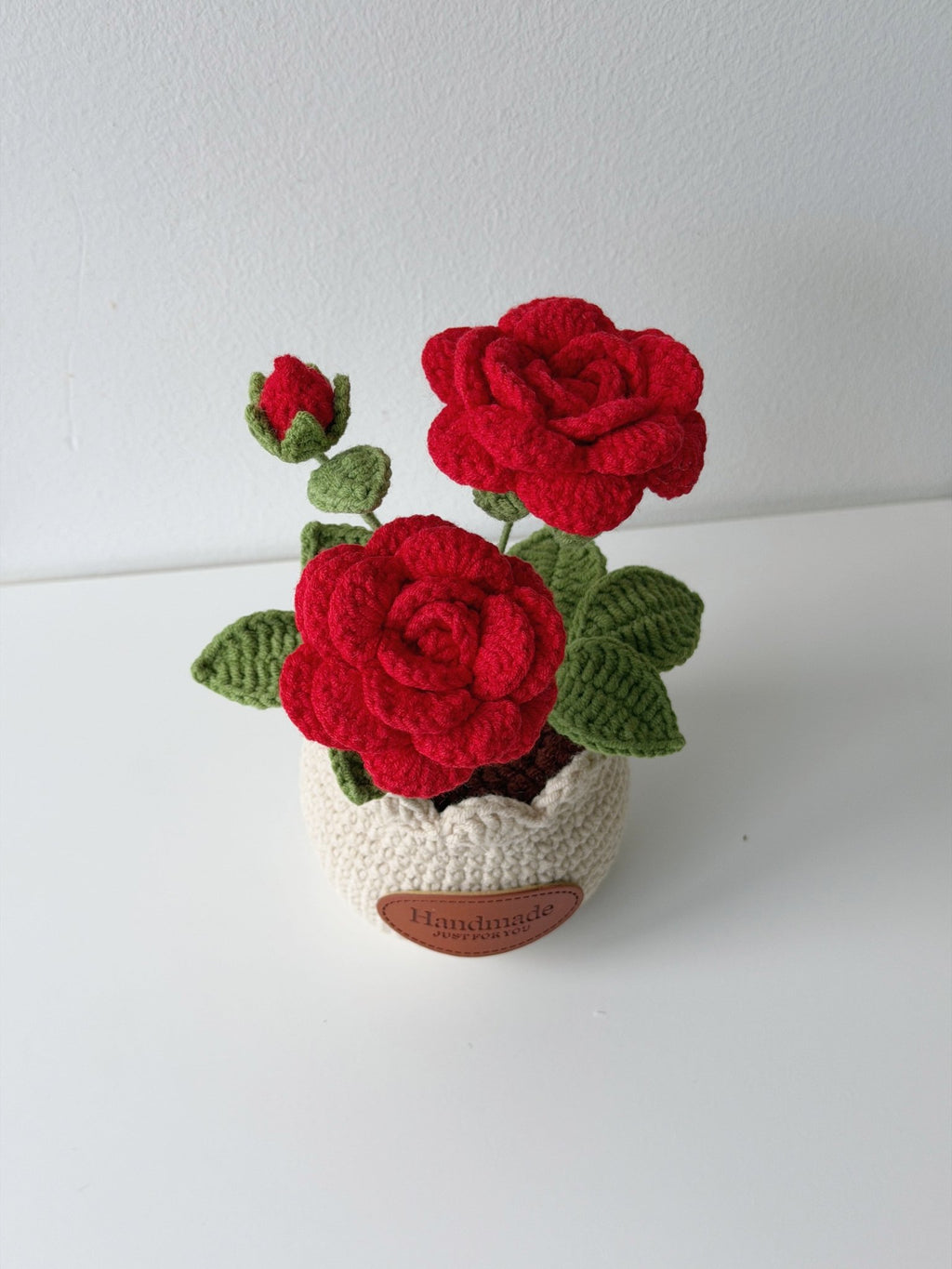 Crochet Double Rose with Bud Potted Plant - Crochera