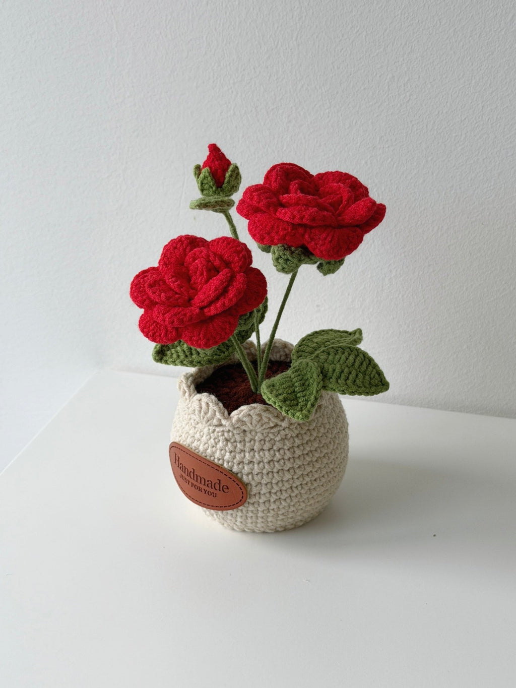 Crochet Double Rose with Bud Potted Plant - Crochera