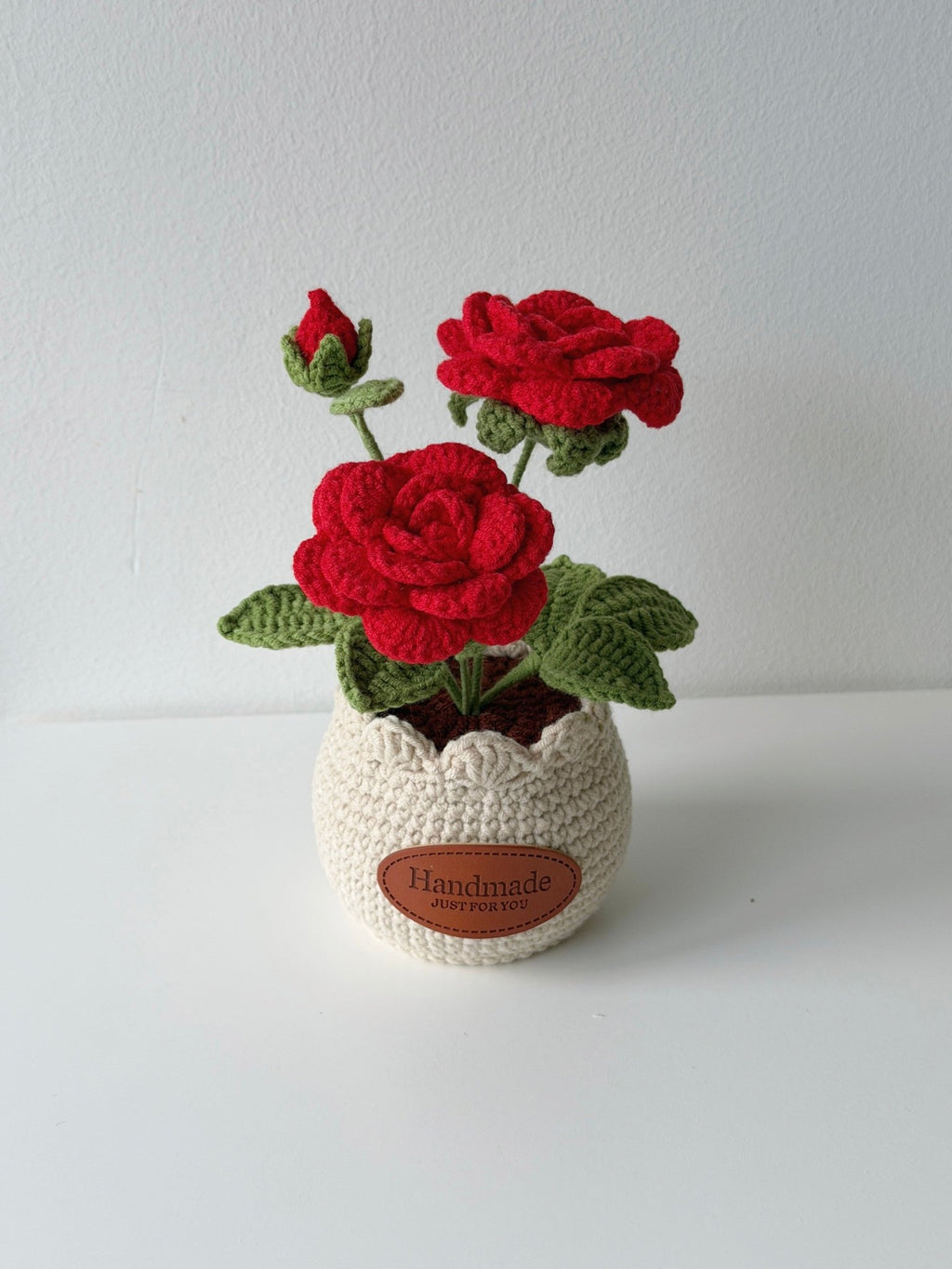 Crochet Double Rose with Bud Potted Plant - Crochera