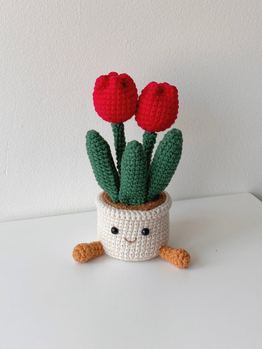 Crochet Tulip Pot with Smiley Planter - Red - Crochera