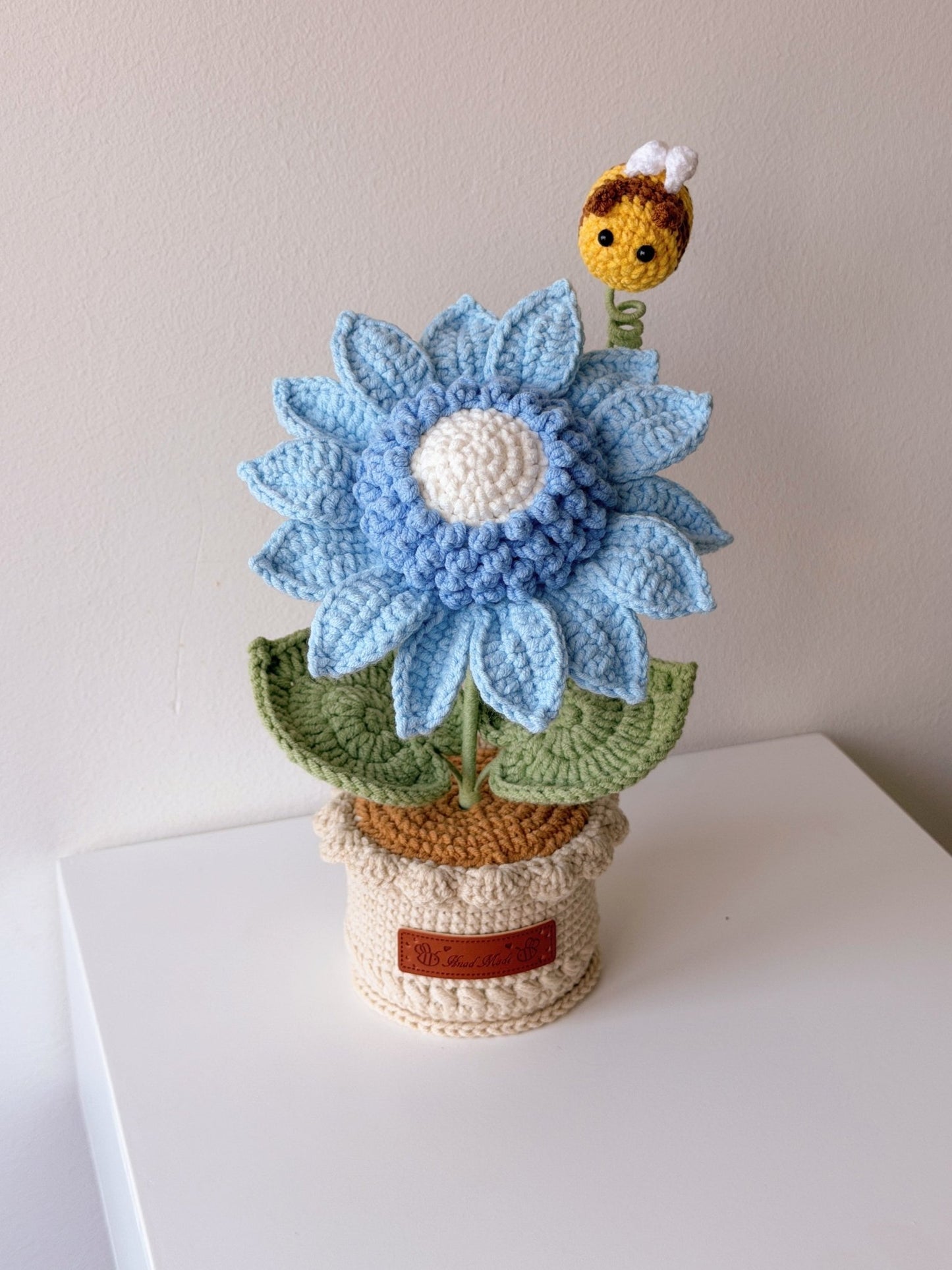 Crocheted Colorful Sunflower in Pot with Bee - Crochera