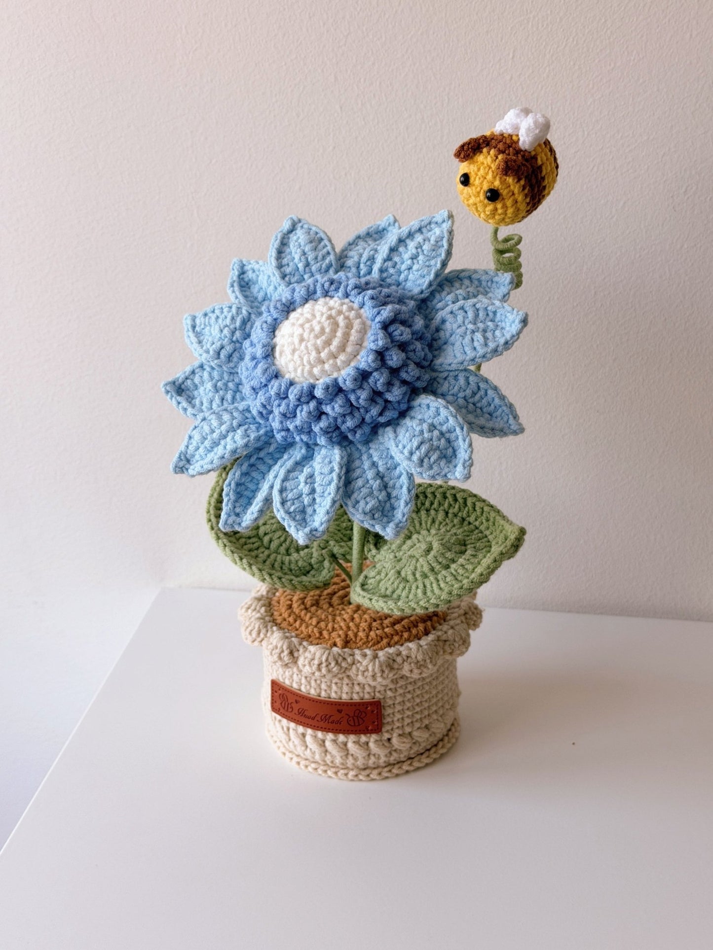 Crocheted Colorful Sunflower in Pot with Bee - Crochera