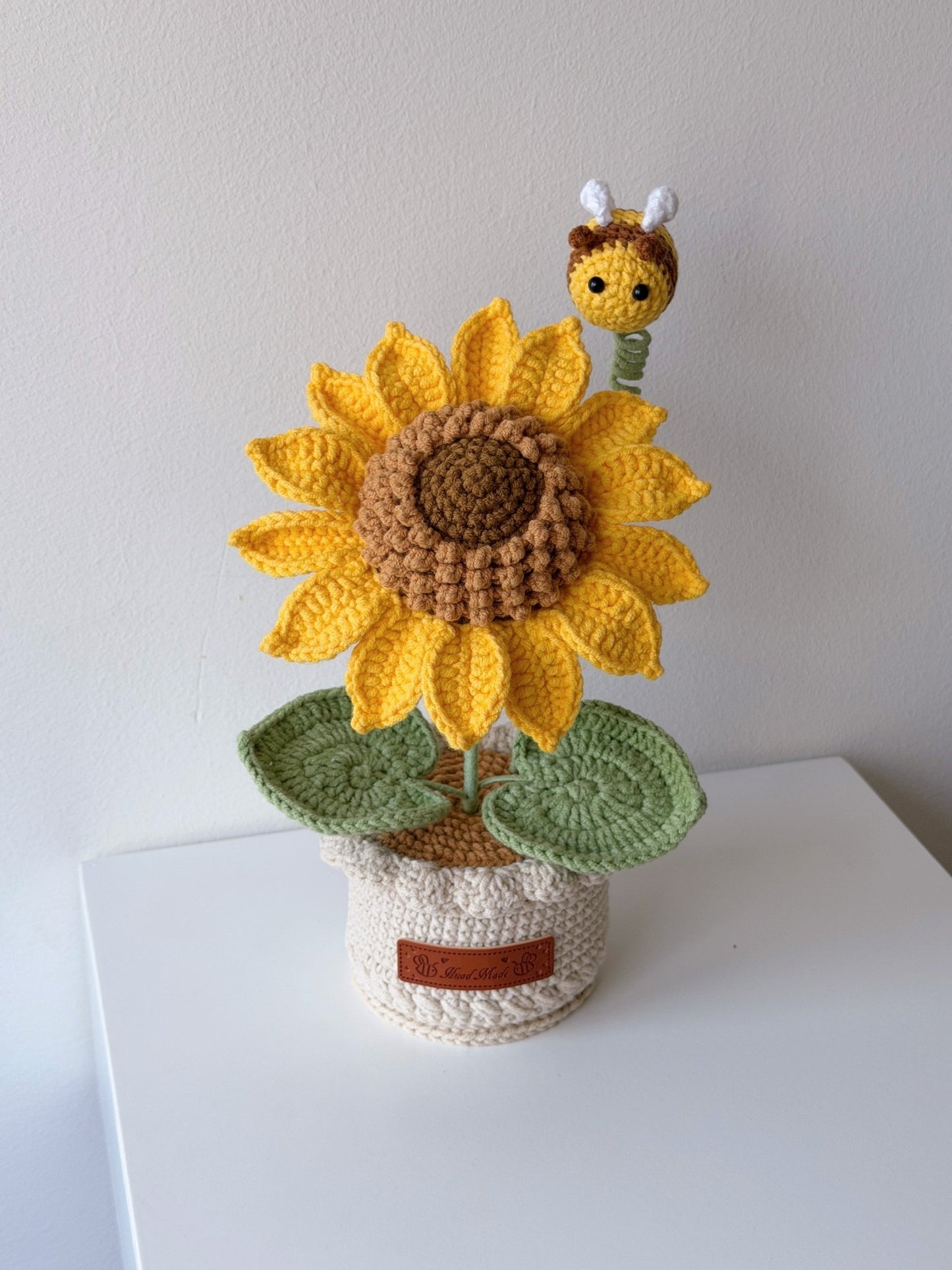Crocheted Colorful Sunflower in Pot with Bee - Crochera