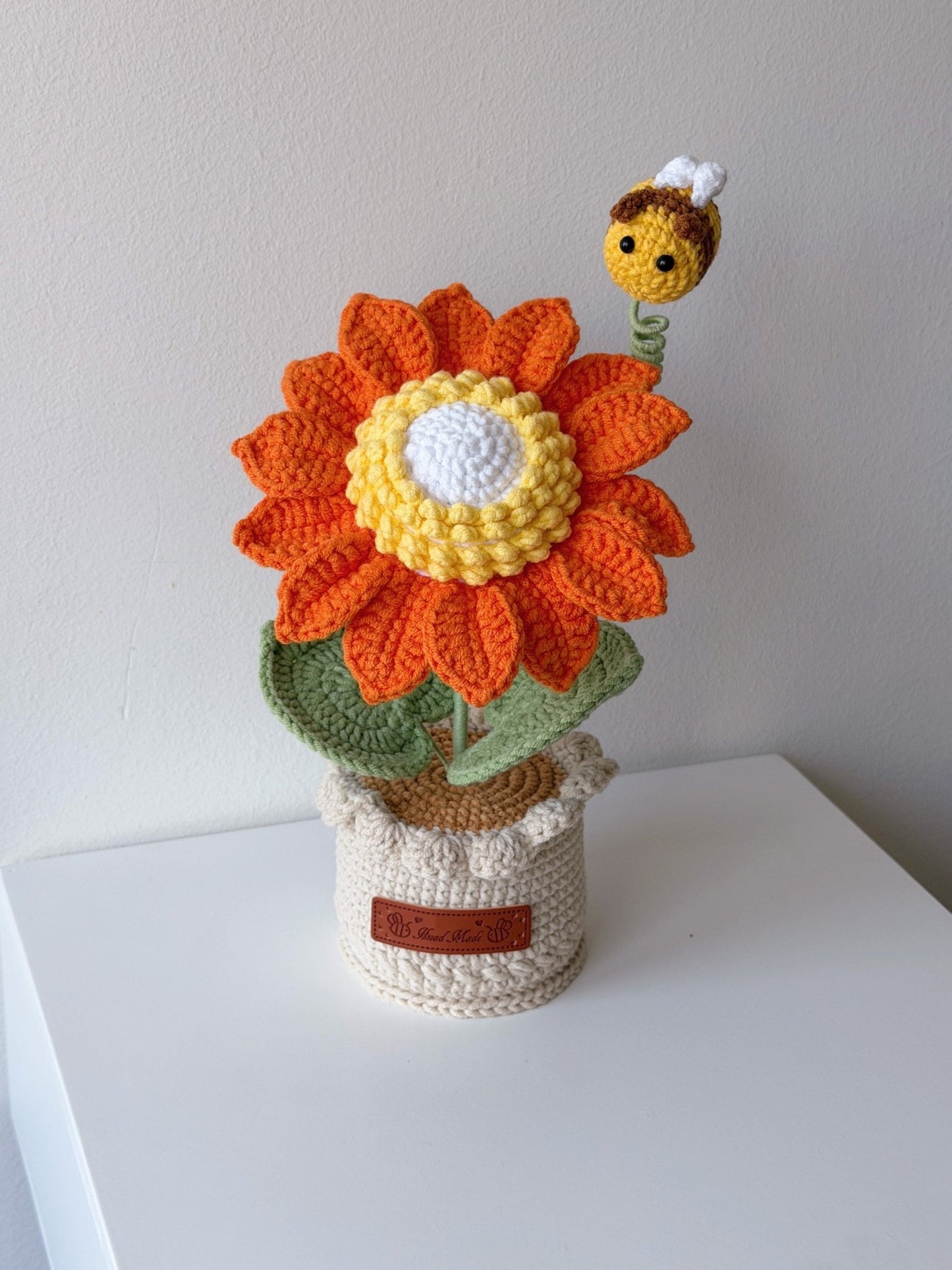 Crocheted Colorful Sunflower in Pot with Bee - Crochera