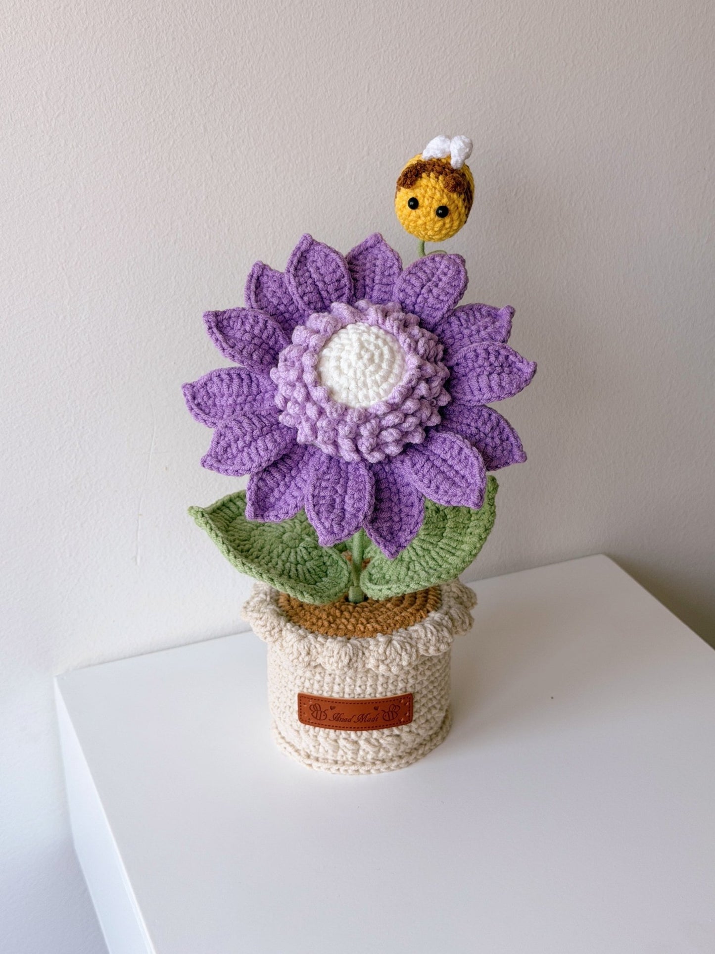 Crocheted Colorful Sunflower in Pot with Bee - Crochera