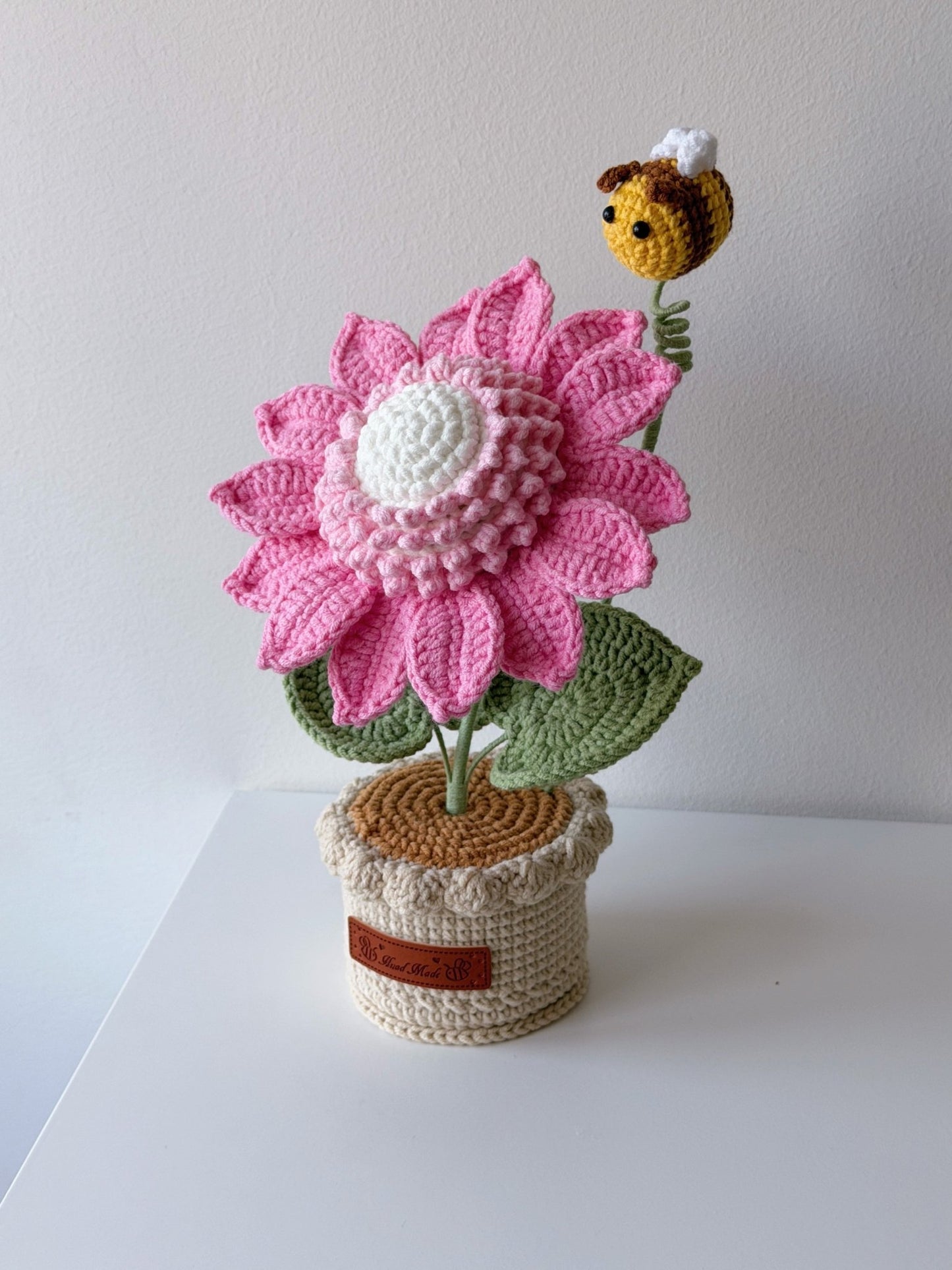 Crocheted Colorful Sunflower in Pot with Bee - Crochera