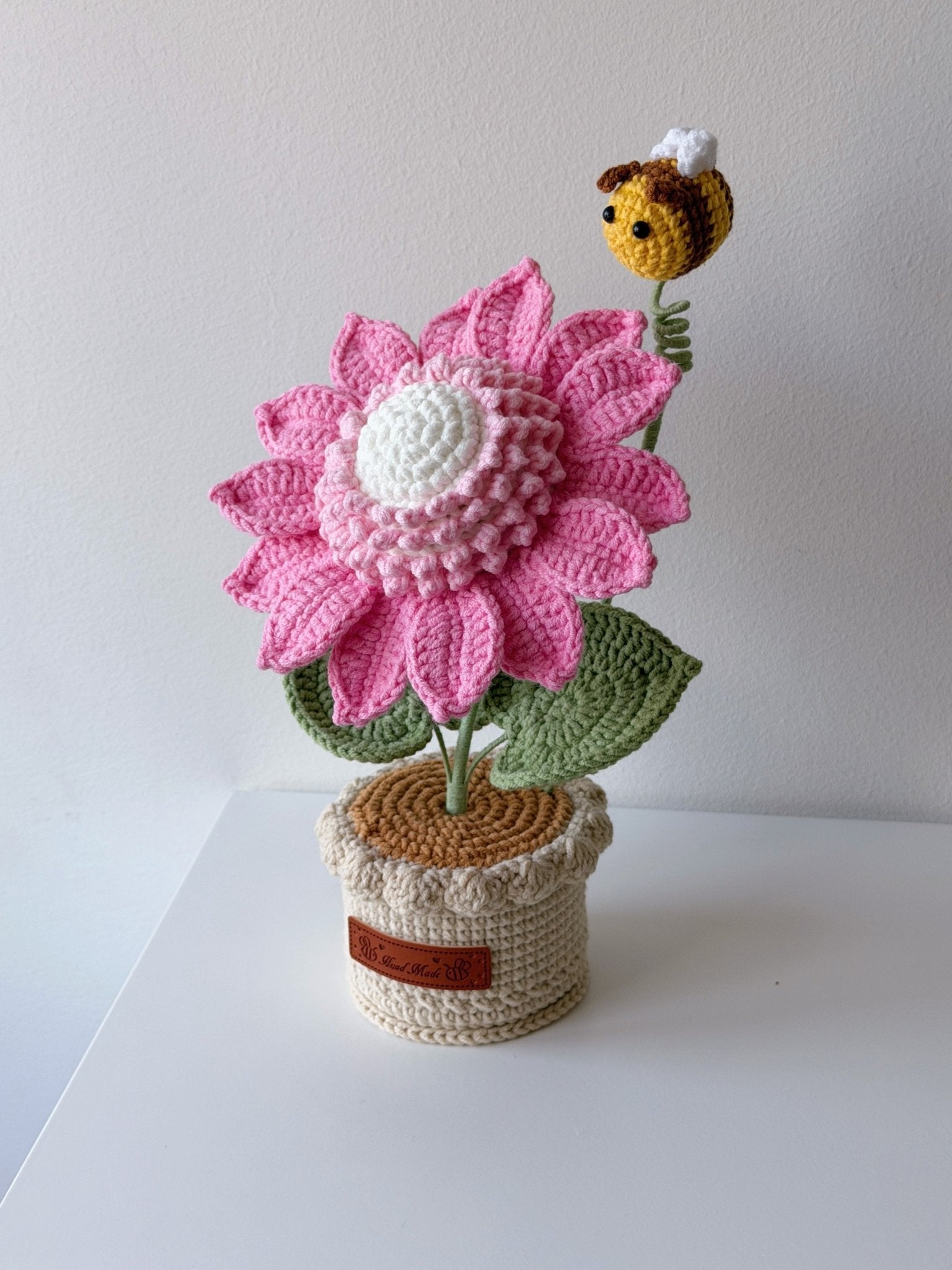Crocheted Colorful Sunflower in Pot with Bee - Crochera