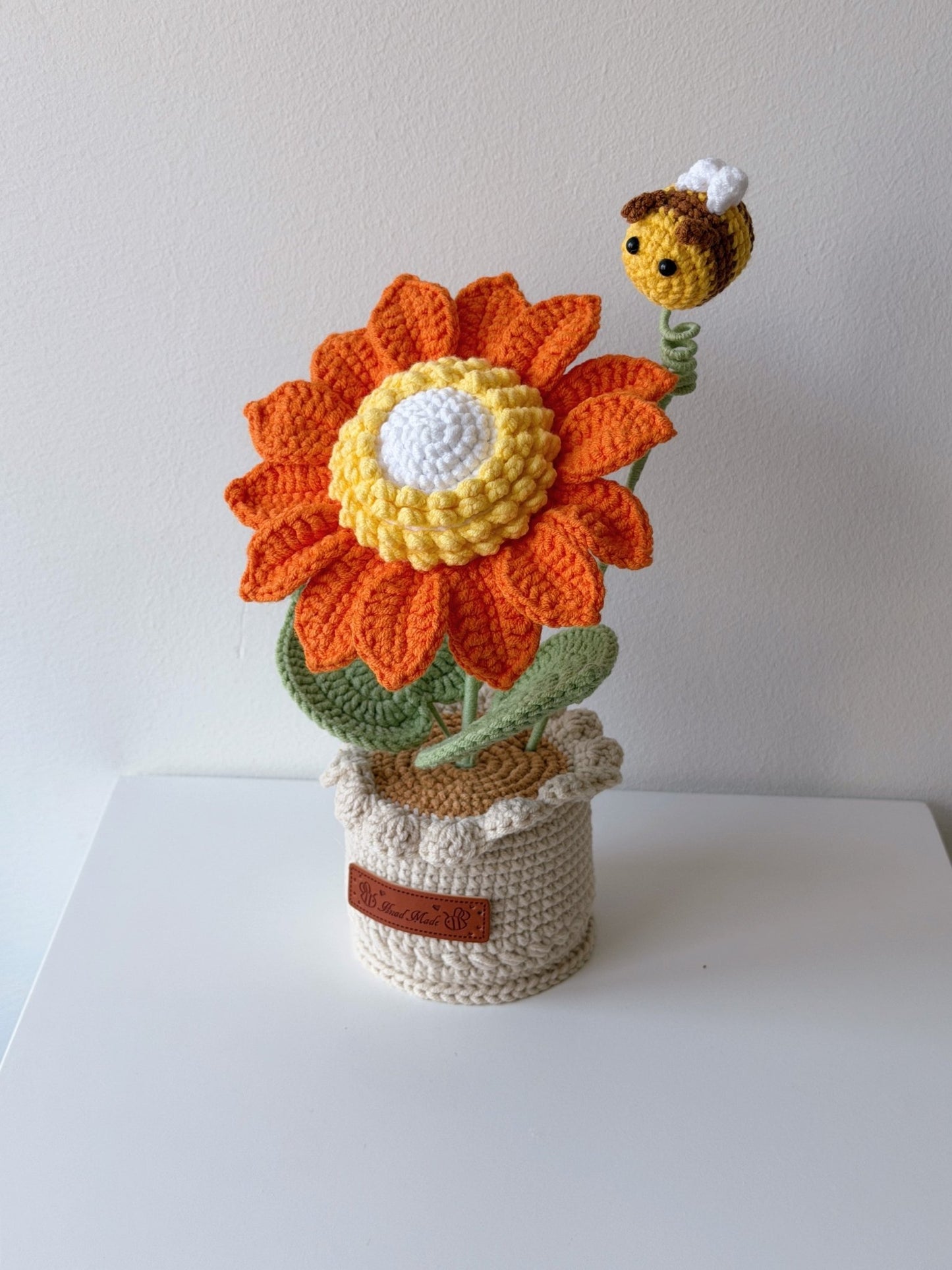 Crocheted Colorful Sunflower in Pot with Bee - Crochera