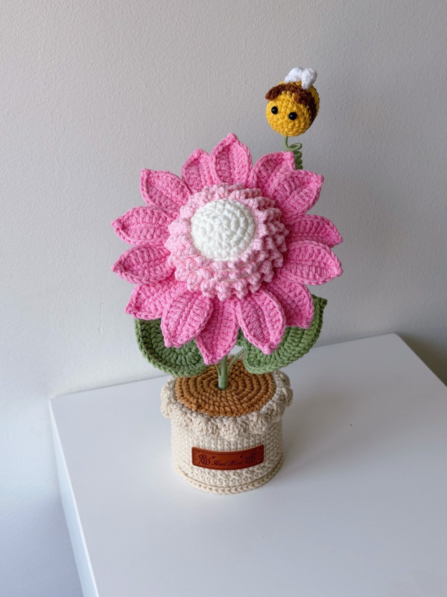 Crocheted Colorful Sunflower in Pot with Bee - Crochera