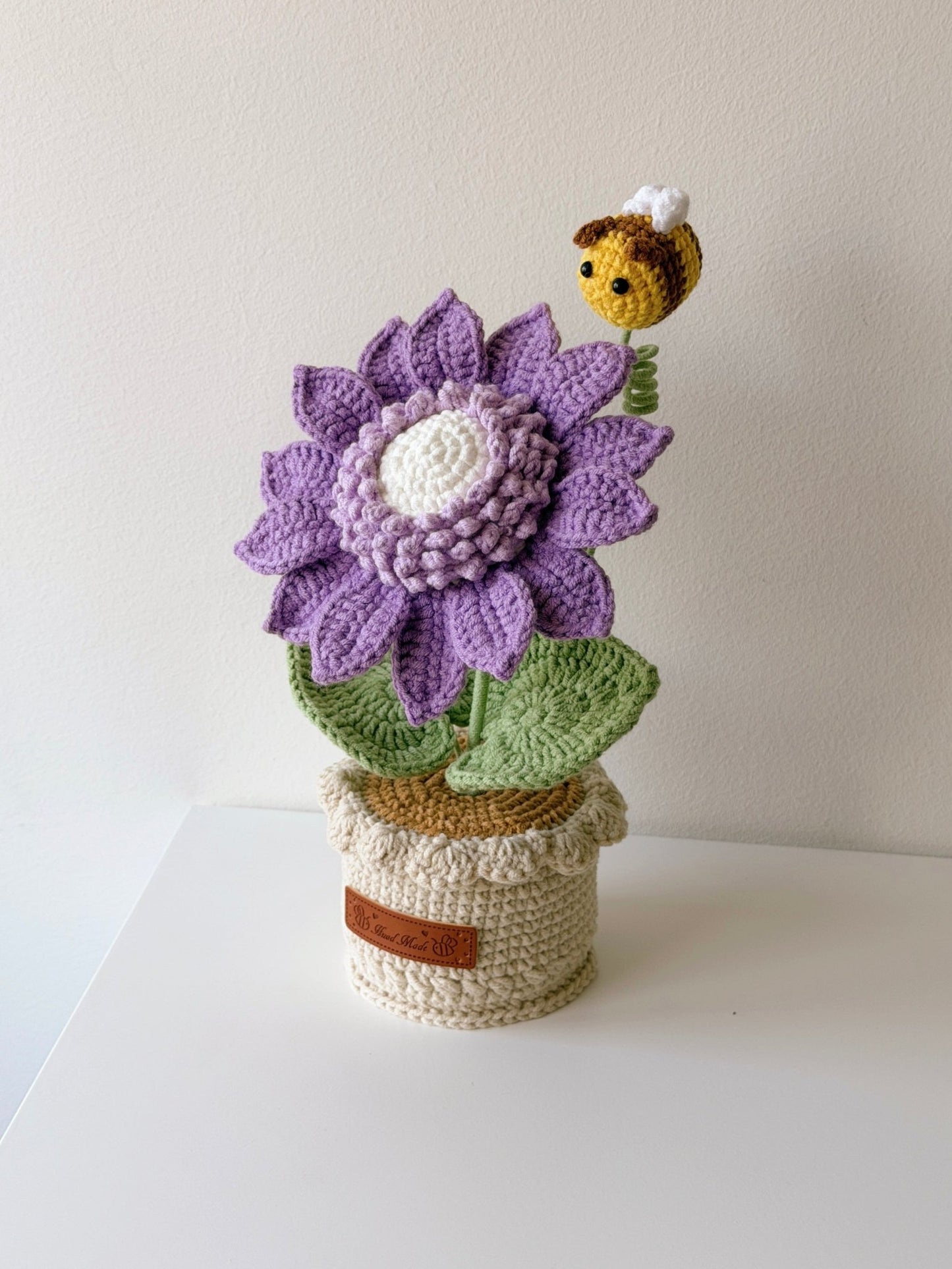 Crocheted Colorful Sunflower in Pot with Bee - Crochera