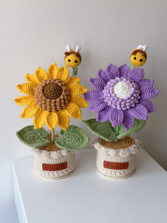 Crocheted Colorful Sunflower in Pot with Bee - Crochera