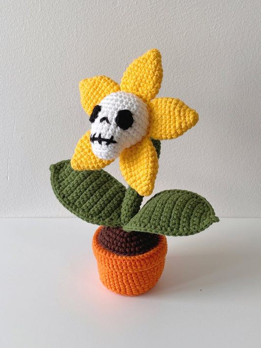 Halloween Skull Sunflower Crochet Potted Plant - Crochera