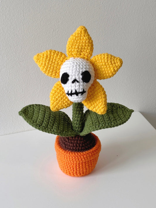 Halloween Skull Sunflower Crochet Potted Plant - Crochera
