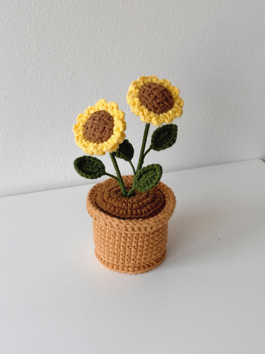 Handmade Crochet Sunflower Pot – Double Bloom - Crochera
